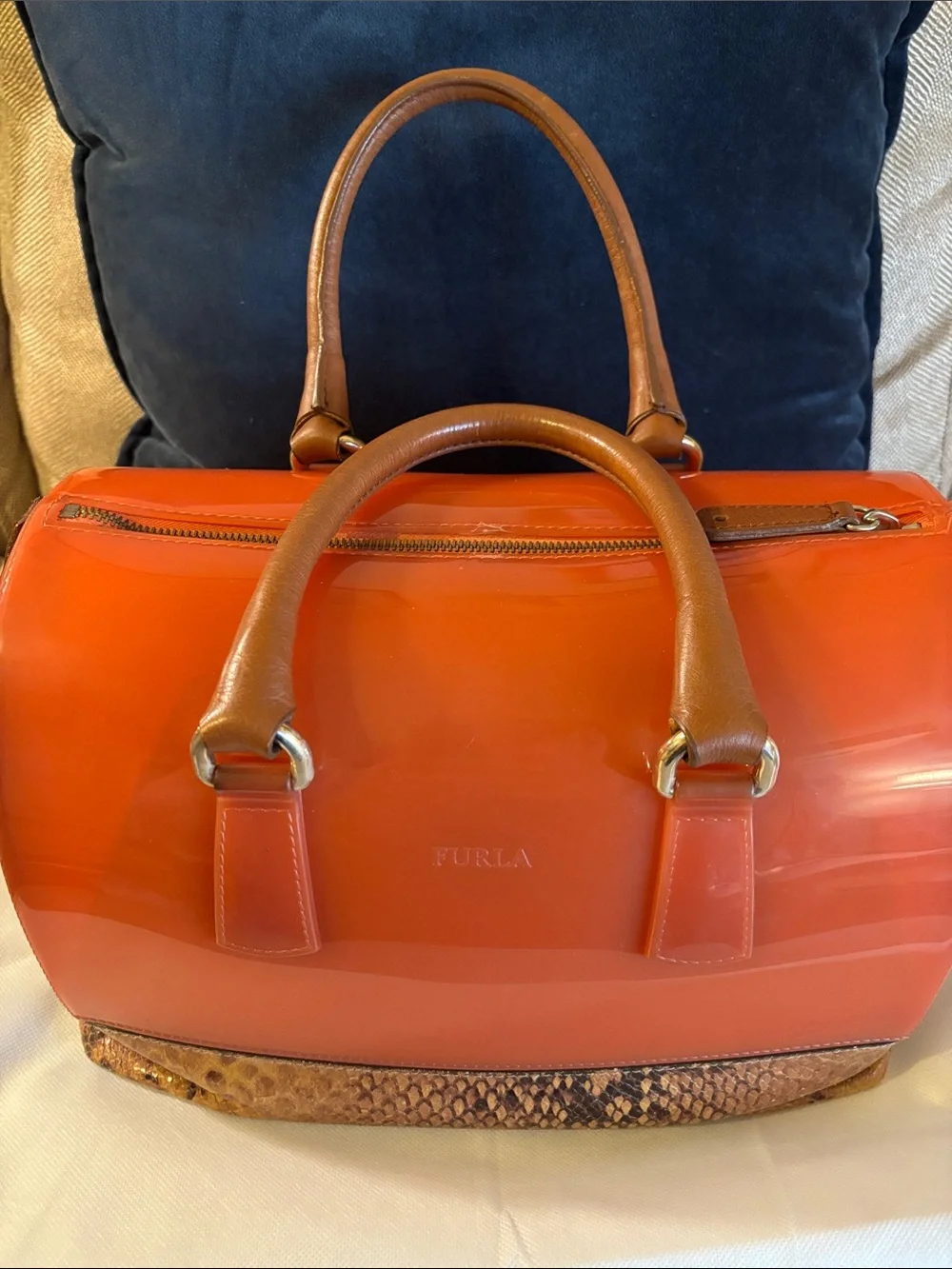 Furla Candy Satchel — Orange with Brown Snake-Print Base